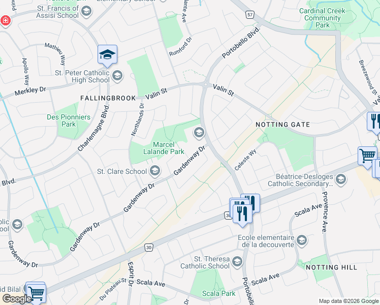 map of restaurants, bars, coffee shops, grocery stores, and more near 2209 Saturn Crescent in Ottawa