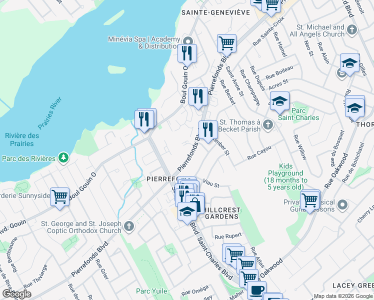 map of restaurants, bars, coffee shops, grocery stores, and more near 16769 Boulevard de Pierrefonds in Montréal