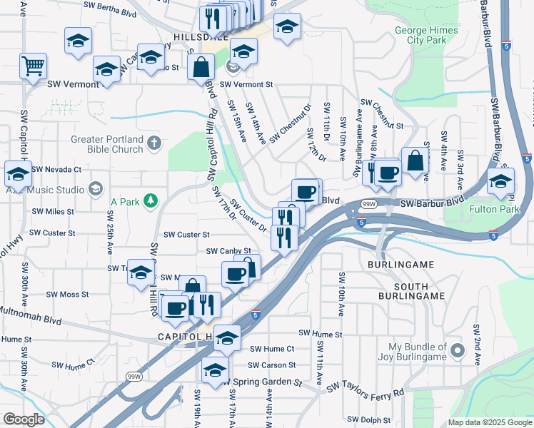 map of restaurants, bars, coffee shops, grocery stores, and more near 1307 Southwest Bertha Boulevard in Portland