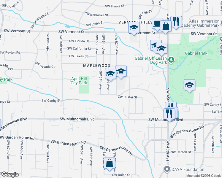 map of restaurants, bars, coffee shops, grocery stores, and more near 7464 Southwest 53rd Avenue in Portland