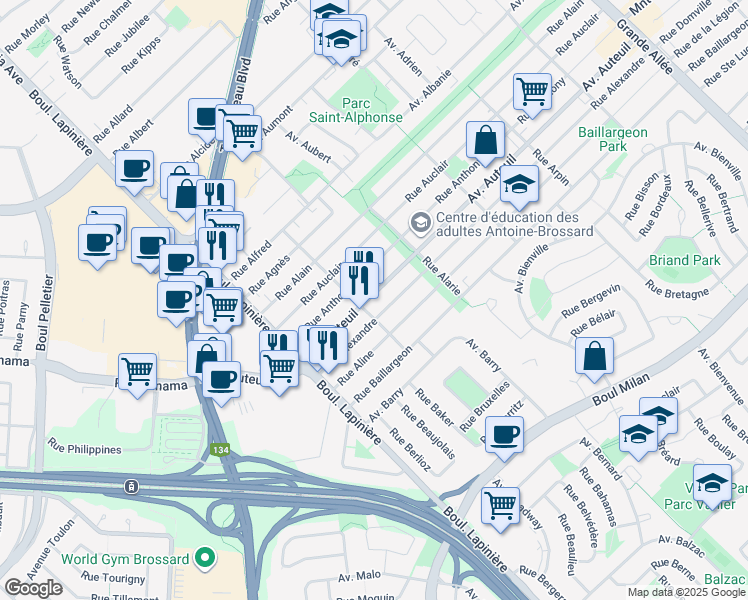 map of restaurants, bars, coffee shops, grocery stores, and more near 5980 Avenue Auteuil in Brossard