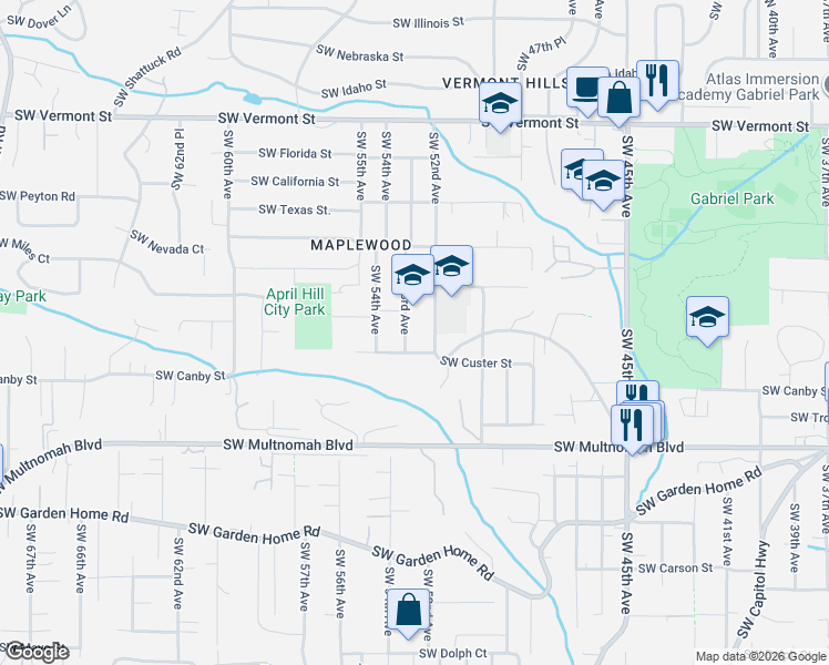 map of restaurants, bars, coffee shops, grocery stores, and more near 7426 Southwest 53rd Avenue in Portland