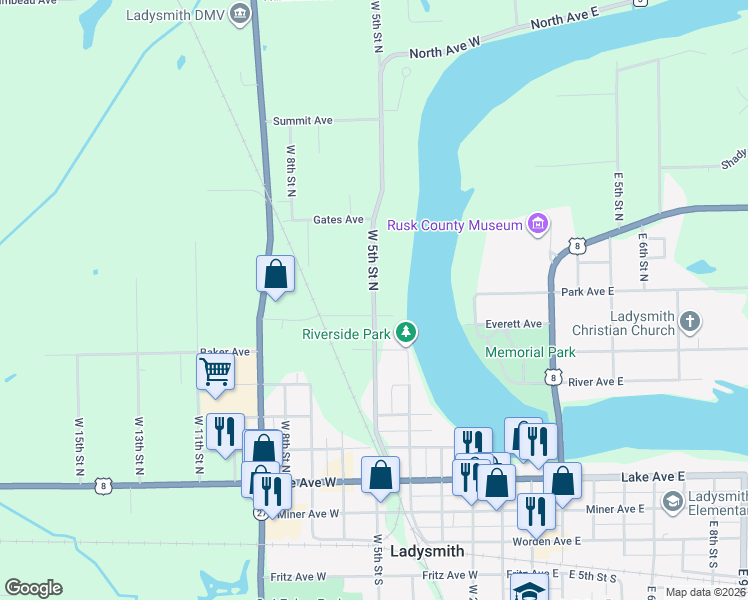 map of restaurants, bars, coffee shops, grocery stores, and more near 716 West 5th Street North in Ladysmith