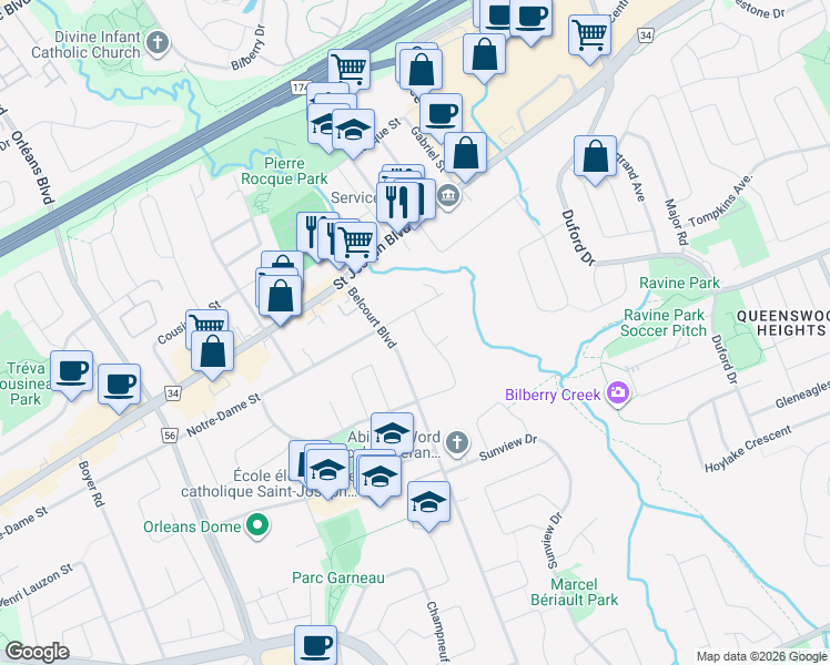 map of restaurants, bars, coffee shops, grocery stores, and more near 6803 Barsona Place in Ottawa