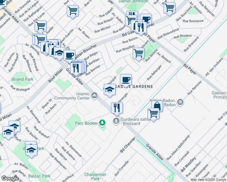map of restaurants, bars, coffee shops, grocery stores, and more near 5379 Rue Canon in Longueuil