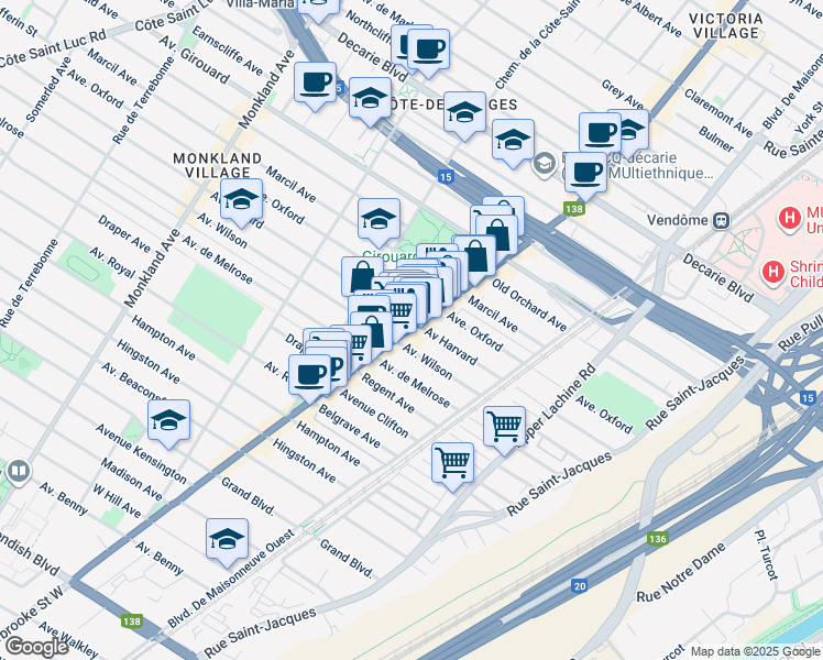 map of restaurants, bars, coffee shops, grocery stores, and more near 5712 Sherbrooke Street West in Montreal