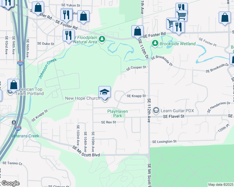 map of restaurants, bars, coffee shops, grocery stores, and more near 10735 Southeast Knapp Circle in Portland
