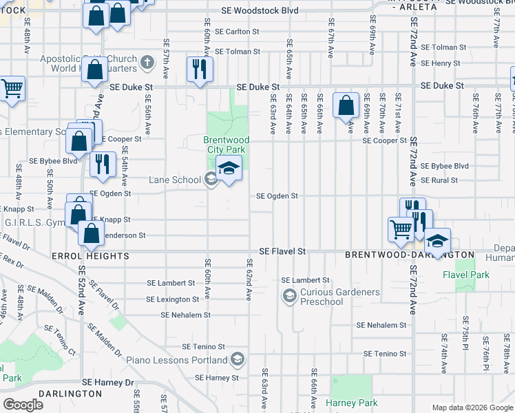 map of restaurants, bars, coffee shops, grocery stores, and more near 7210 Southeast 62nd Avenue in Portland