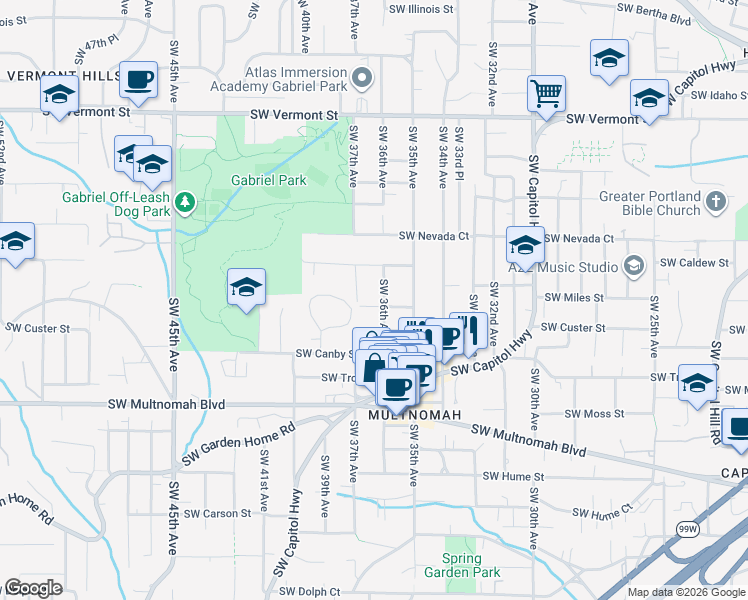 map of restaurants, bars, coffee shops, grocery stores, and more near 7414 Southwest 37th Avenue in Portland