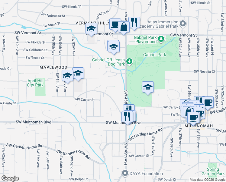 map of restaurants, bars, coffee shops, grocery stores, and more near 7464 Southwest 48th Avenue in Portland