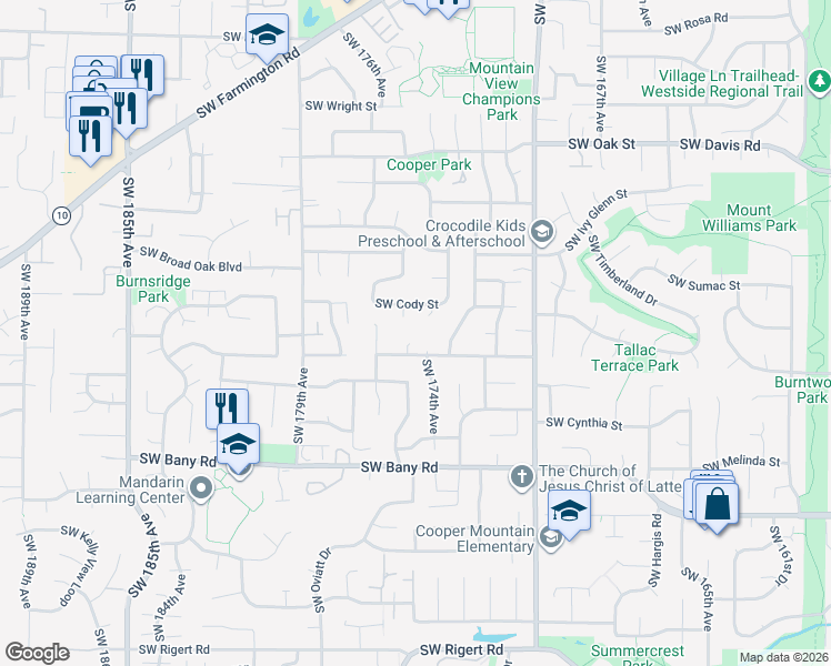 map of restaurants, bars, coffee shops, grocery stores, and more near 6792 Southwest 173rd Place in Beaverton
