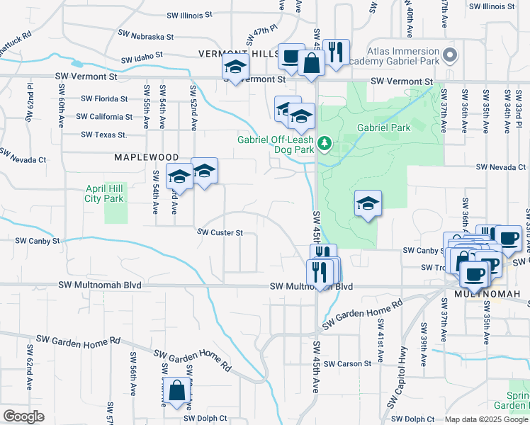 map of restaurants, bars, coffee shops, grocery stores, and more near 7491 Southwest 48th Avenue in Portland