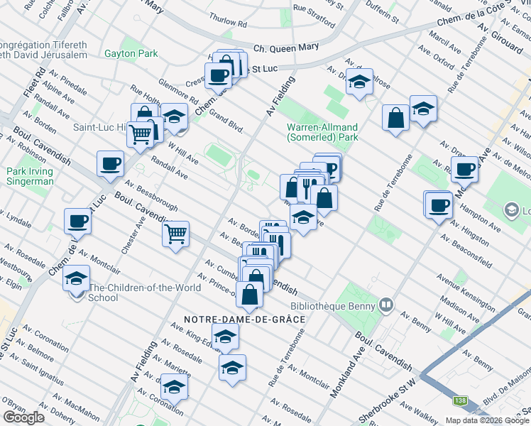 map of restaurants, bars, coffee shops, grocery stores, and more near 4950 Avenue West Hill in Montréal