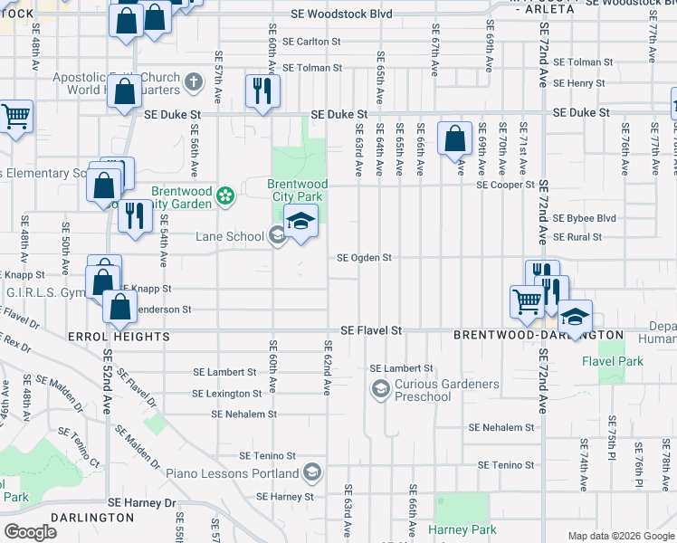 map of restaurants, bars, coffee shops, grocery stores, and more near 6225 Southeast Knapp Street in Portland