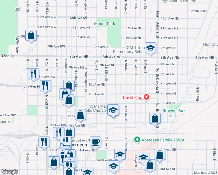 map of restaurants, bars, coffee shops, grocery stores, and more near 503 N Kline St in Aberdeen