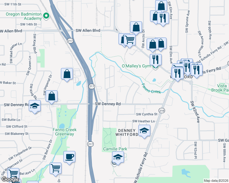 map of restaurants, bars, coffee shops, grocery stores, and more near 10285 Southwest Denney Road in Beaverton