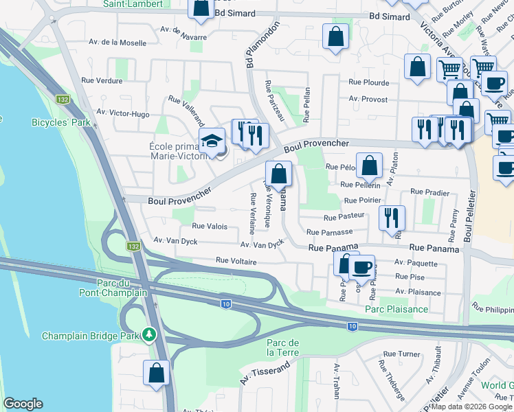 map of restaurants, bars, coffee shops, grocery stores, and more near 5925 Rue Verlaine in Brossard