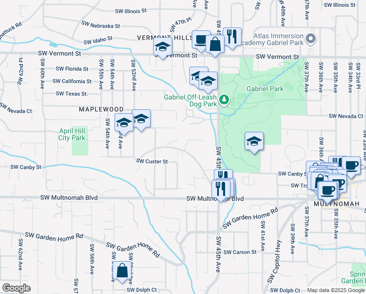 map of restaurants, bars, coffee shops, grocery stores, and more near 7491 Southwest 48th Avenue in Portland
