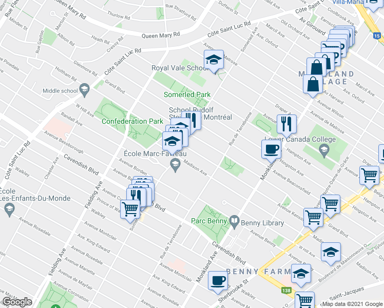 map of restaurants, bars, coffee shops, grocery stores, and more near 4626 Avenue de Kensington in Montréal