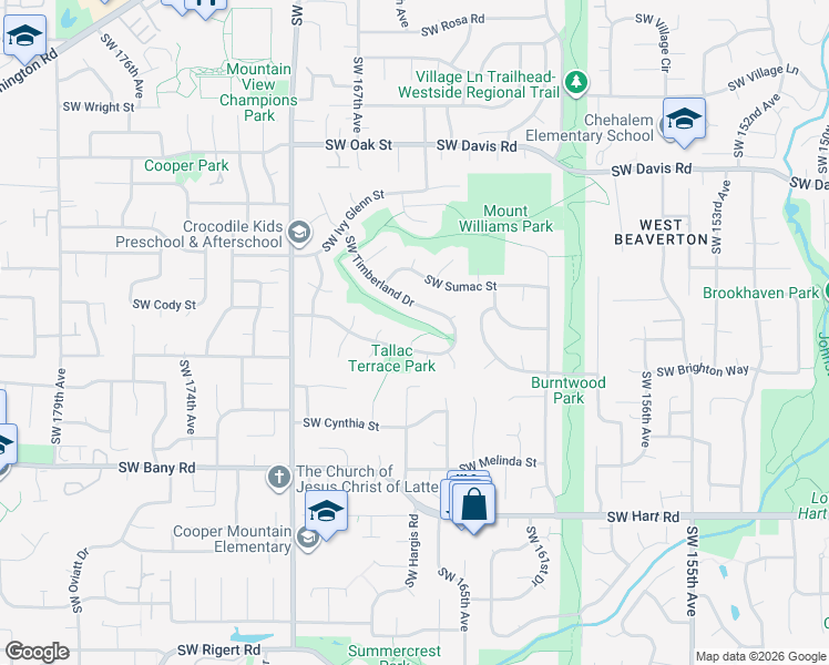 map of restaurants, bars, coffee shops, grocery stores, and more near 16461 Southwest Timberland Drive in Beaverton