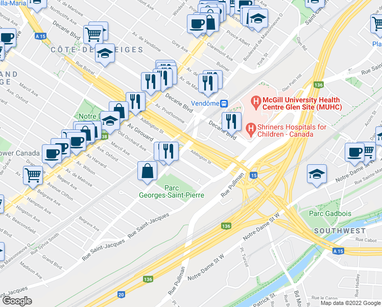 map of restaurants, bars, coffee shops, grocery stores, and more near 1100 Rue Addington in Montréal