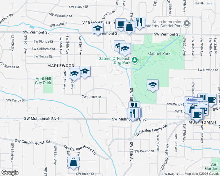 map of restaurants, bars, coffee shops, grocery stores, and more near 7491 Southwest 48th Avenue in Portland