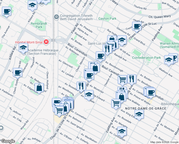 map of restaurants, bars, coffee shops, grocery stores, and more near 6609 Chemin de la Côte-Saint-Luc in Côte Saint-Luc