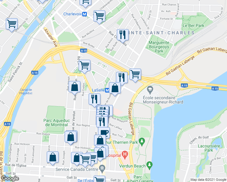 map of restaurants, bars, coffee shops, grocery stores, and more near 3220 Rue de Rushbrooke in Montréal