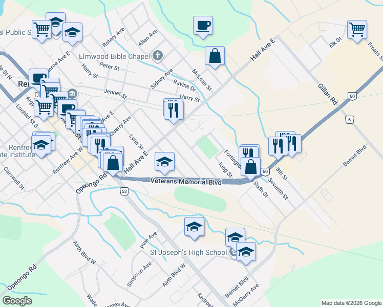 map of restaurants, bars, coffee shops, grocery stores, and more near 478 New Street in Renfrew