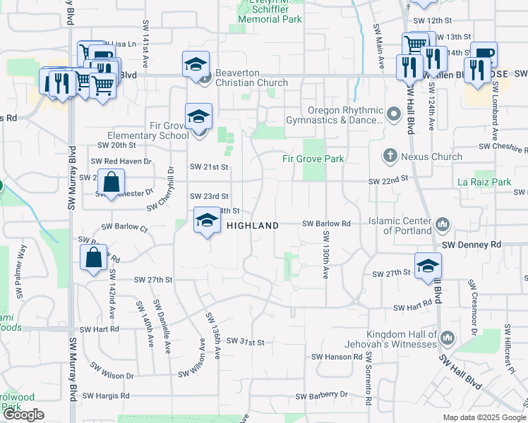 map of restaurants, bars, coffee shops, grocery stores, and more near 6800 Southwest Hyland Way in Beaverton