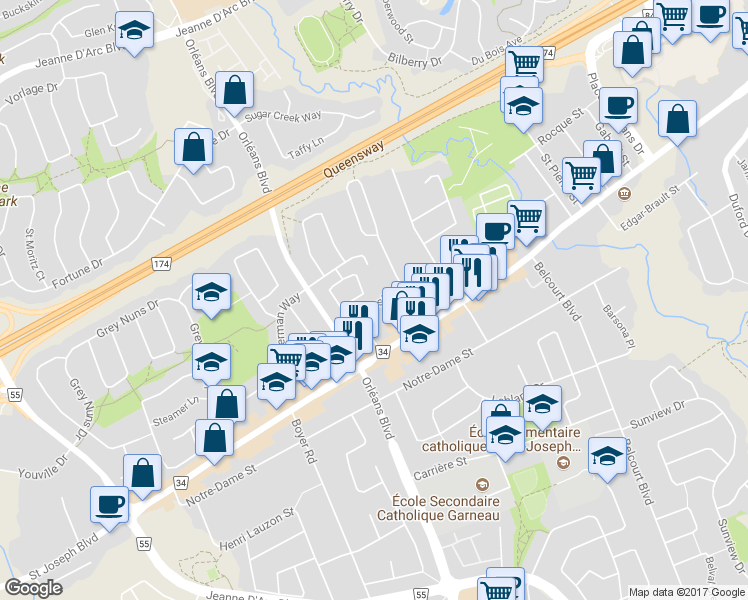 map of restaurants, bars, coffee shops, grocery stores, and more near 1310 Cousineau Street in Ottawa