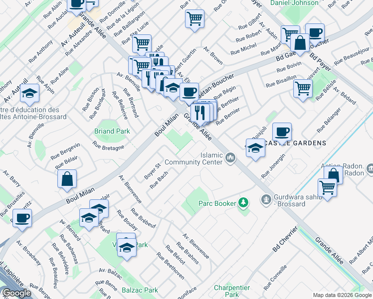 map of restaurants, bars, coffee shops, grocery stores, and more near 5660 Croissant Beaumanoir in Brossard
