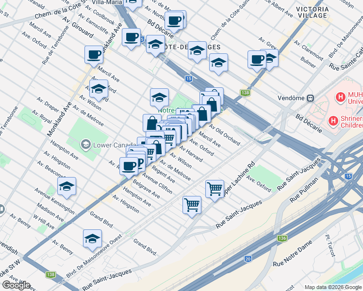 map of restaurants, bars, coffee shops, grocery stores, and more near 5674 Rue Sherbrooke Ouest in Montréal