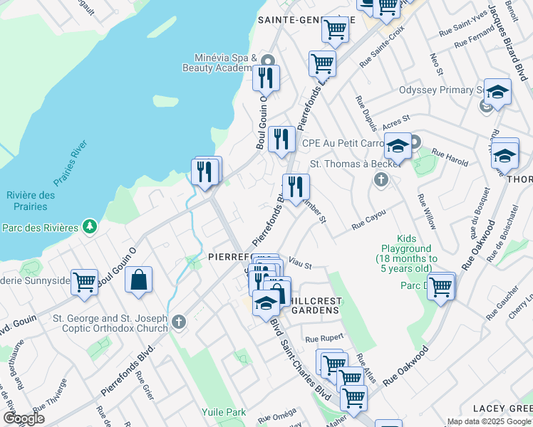 map of restaurants, bars, coffee shops, grocery stores, and more near 16769 Pierrefonds Boulevard in Montreal