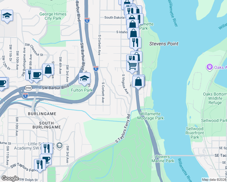 map of restaurants, bars, coffee shops, grocery stores, and more near 412 Southwest Miles Street in Portland
