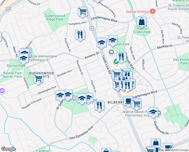 map of restaurants, bars, coffee shops, grocery stores, and more near 374 Leanne Street in Ottawa