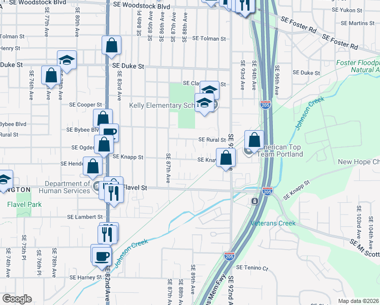 map of restaurants, bars, coffee shops, grocery stores, and more near 8810 Southeast Rural Street in Portland