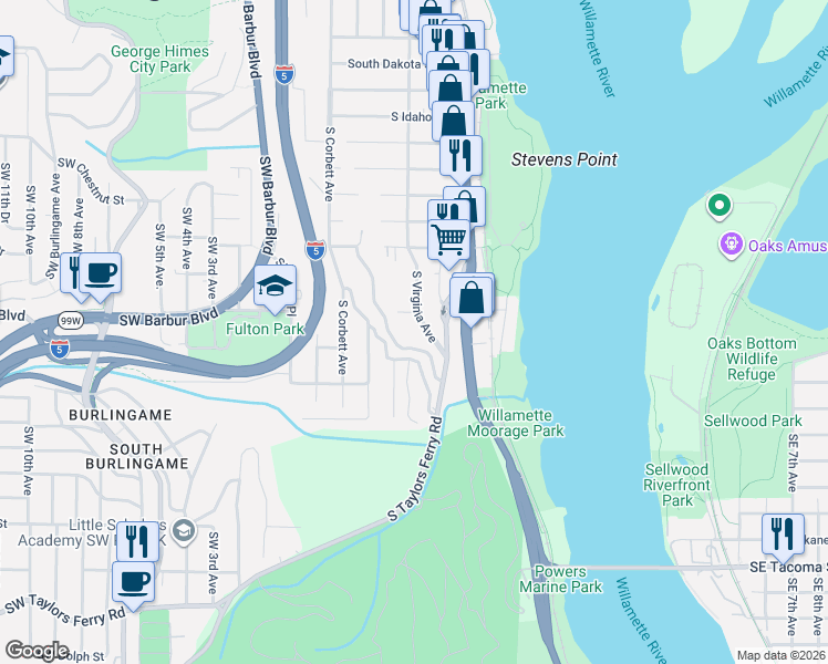 map of restaurants, bars, coffee shops, grocery stores, and more near 7422 South Virginia Avenue in Portland