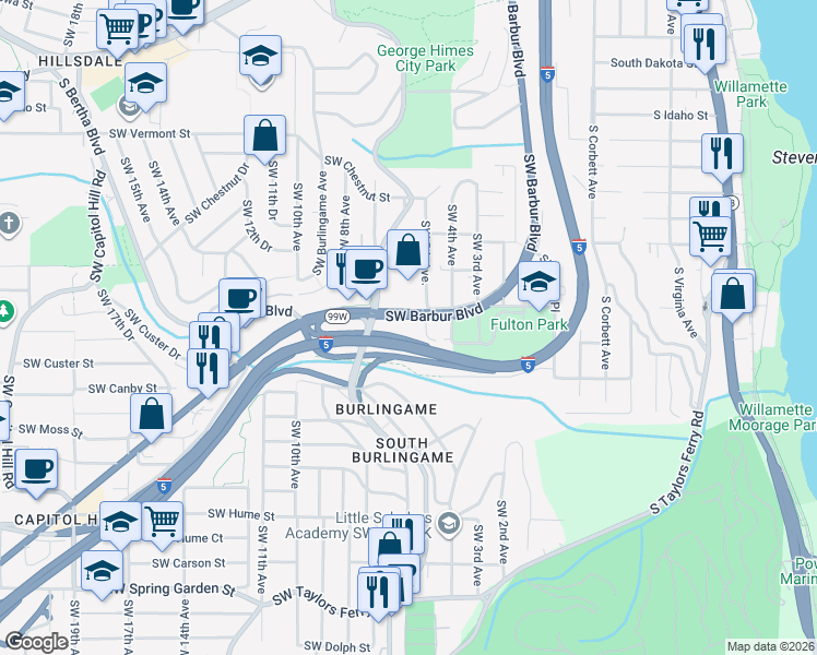 map of restaurants, bars, coffee shops, grocery stores, and more near 7360 Southwest Barbur Boulevard in Portland