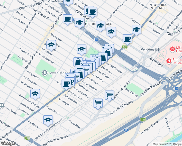 map of restaurants, bars, coffee shops, grocery stores, and more near 2303 Avenue Harvard in Montreal