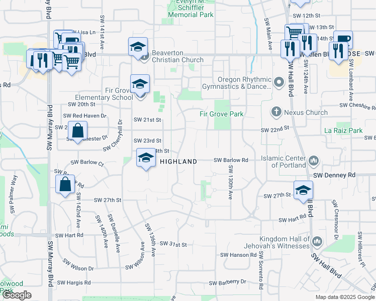 map of restaurants, bars, coffee shops, grocery stores, and more near 6800 Southwest Hyland Way in Beaverton