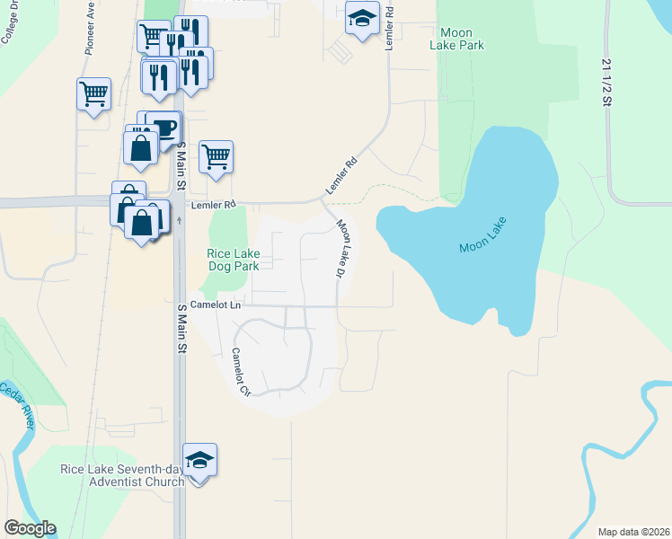 map of restaurants, bars, coffee shops, grocery stores, and more near 2934 Moon Lake Drive in Rice Lake