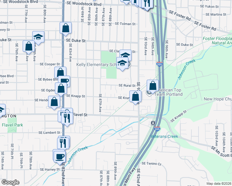 map of restaurants, bars, coffee shops, grocery stores, and more near 8827 Southeast Knapp Street in Portland