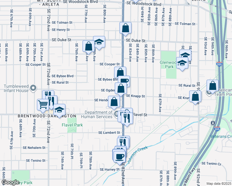 map of restaurants, bars, coffee shops, grocery stores, and more near 8118 Southeast Ogden Street in Portland