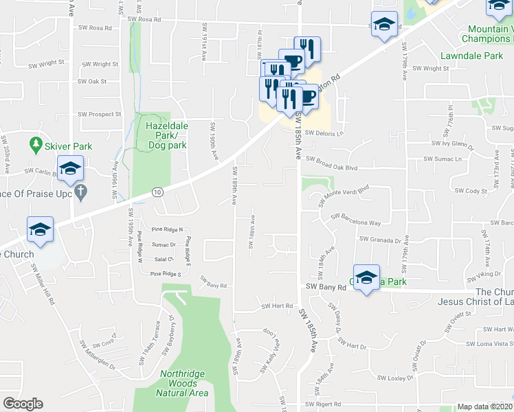 map of restaurants, bars, coffee shops, grocery stores, and more near 6790 Southwest 188th Avenue in Aloha