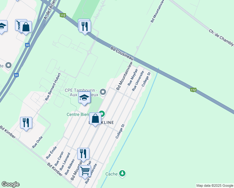 map of restaurants, bars, coffee shops, grocery stores, and more near 3315 Boulevard Mountainview in Longueuil
