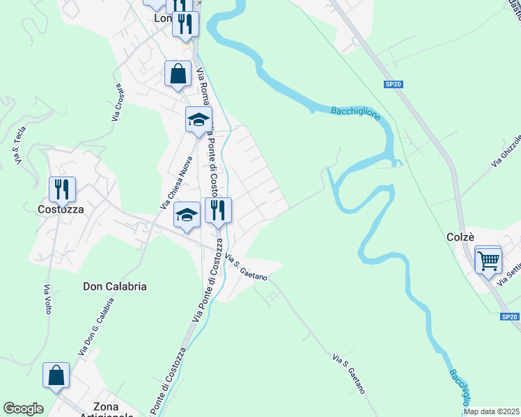 map of restaurants, bars, coffee shops, grocery stores, and more near 13 Via Cappellaro in Longare