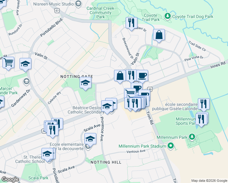 map of restaurants, bars, coffee shops, grocery stores, and more near 1176 Mulder Avenue in Ottawa