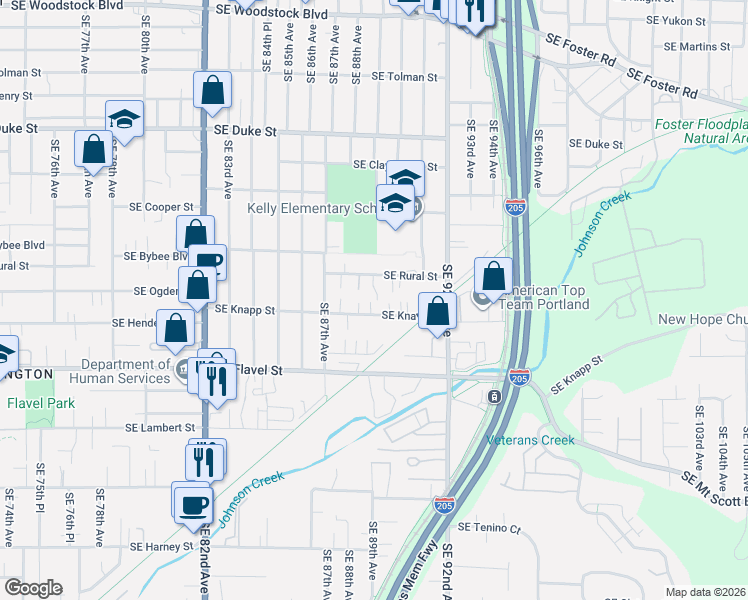 map of restaurants, bars, coffee shops, grocery stores, and more near 8827 Southeast Knapp Street in Portland