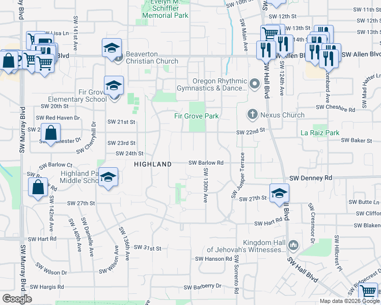 map of restaurants, bars, coffee shops, grocery stores, and more near 6775 Southwest Whisper Court in Beaverton